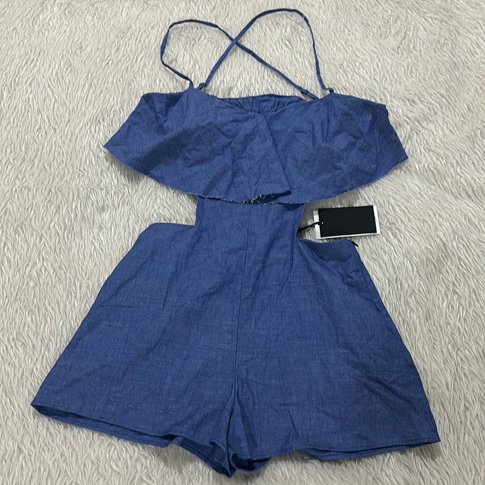 Zara blue denim ruffle cutout romper size medium new